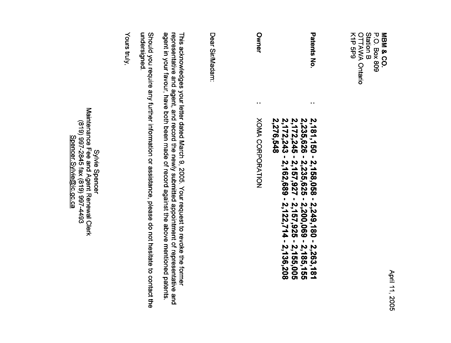 Canadian Patent Document 2172245. Correspondence 20050411. Image 1 of 1
