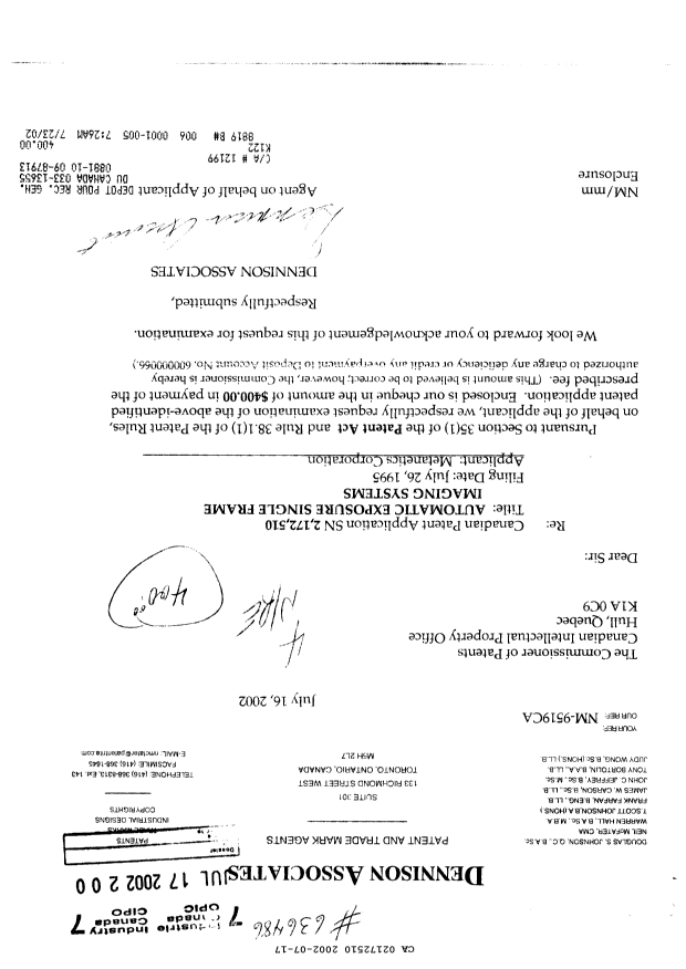 Canadian Patent Document 2172510. Prosecution-Amendment 20020717. Image 1 of 1
