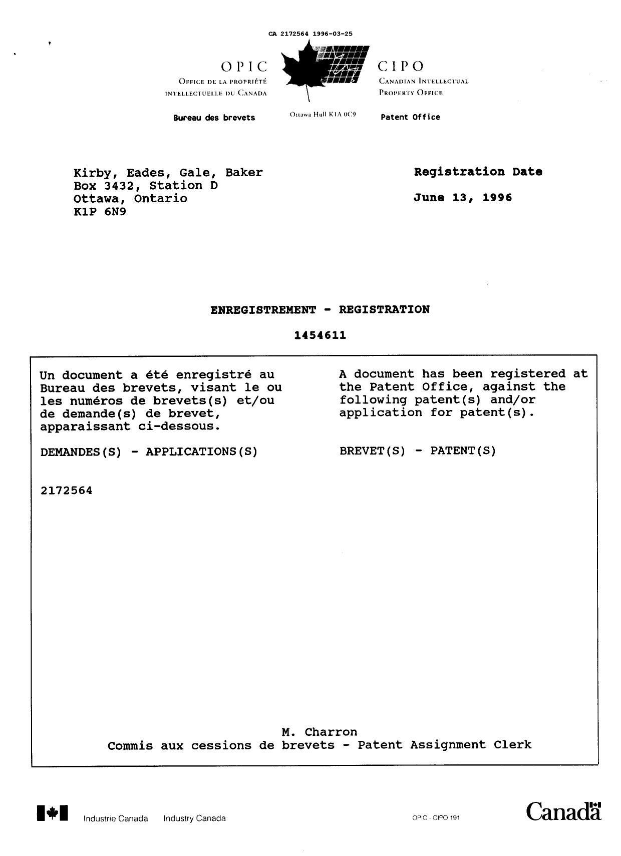 Document de brevet canadien 2172564. Correspondance de la poursuite 19960325. Image 1 de 10