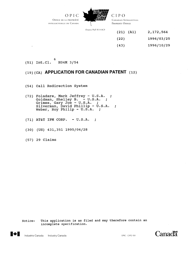 Canadian Patent Document 2172564. Cover Page 19960702. Image 1 of 1
