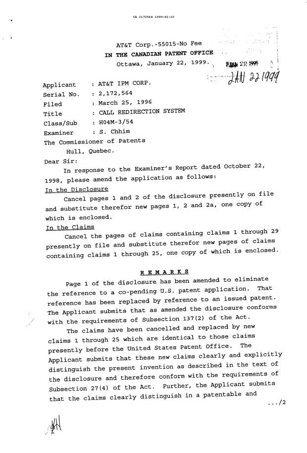Canadian Patent Document 2172564. Prosecution Correspondence 19990122. Image 1 of 3