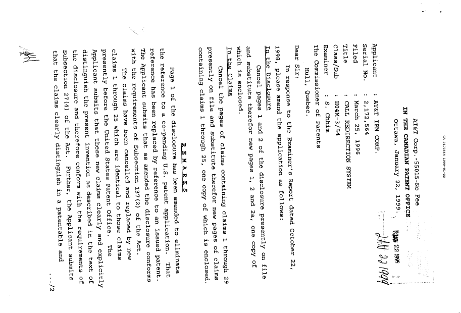 Document de brevet canadien 2172564. Correspondance de la poursuite 19990122. Image 1 de 3