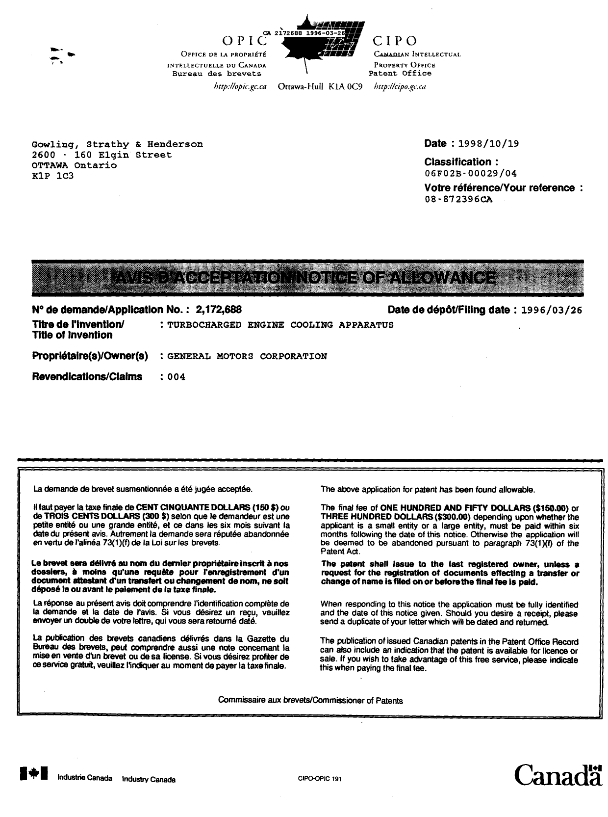 Canadian Patent Document 2172688. Prosecution Correspondence 19960326. Image 3 of 3