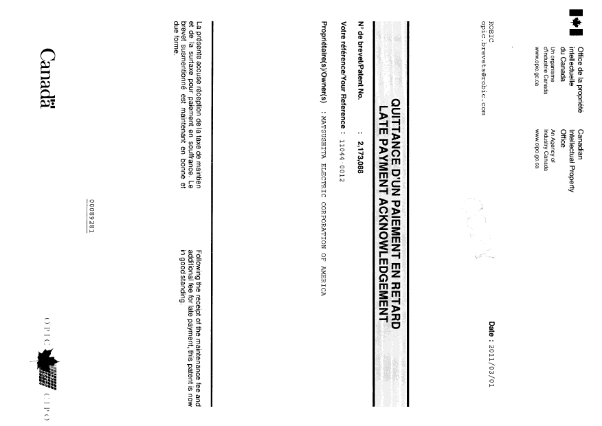 Document de brevet canadien 2173088. Correspondance 20110301. Image 1 de 1