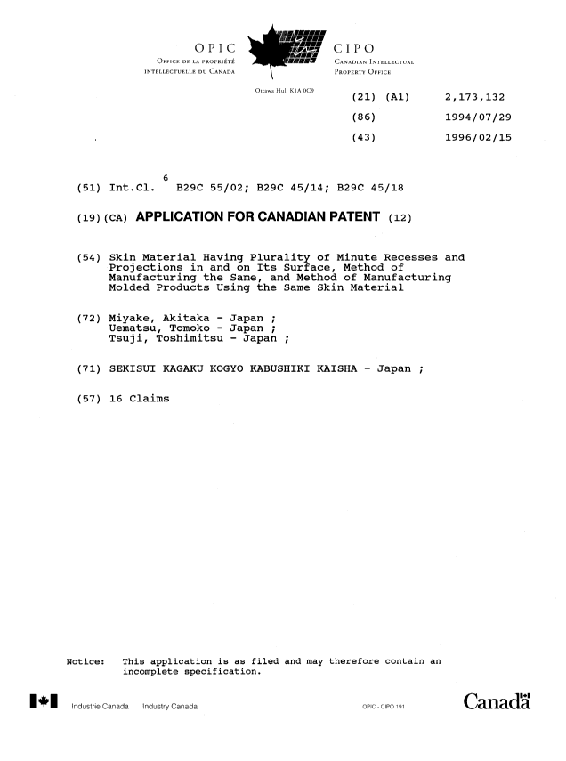 Canadian Patent Document 2173132. Cover Page 19960710. Image 1 of 1