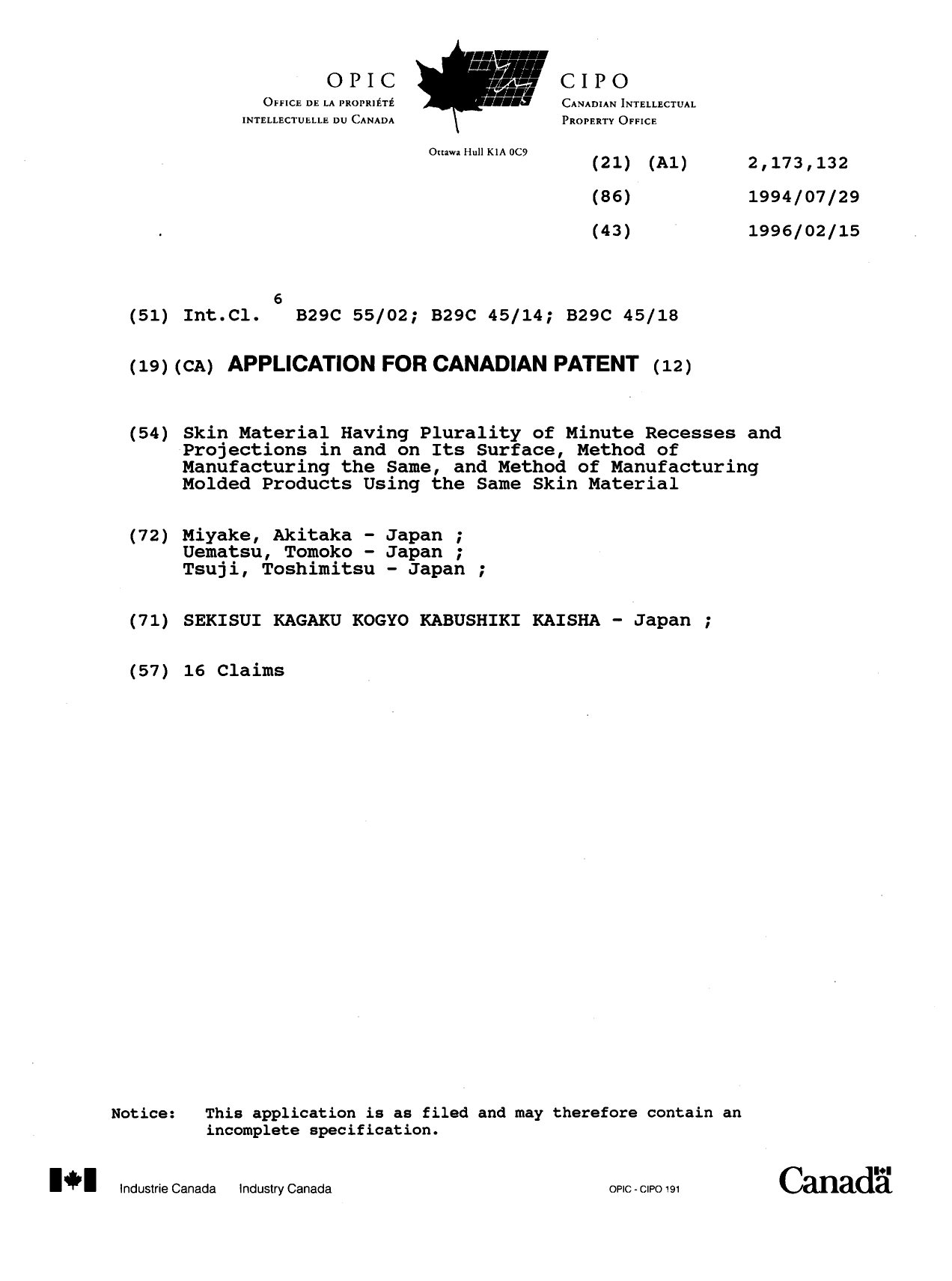 Document de brevet canadien 2173132. Page couverture 19960710. Image 1 de 1