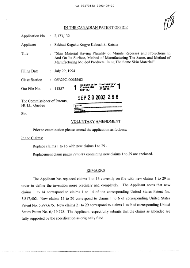 Canadian Patent Document 2173132. Prosecution-Amendment 20020920. Image 1 of 11
