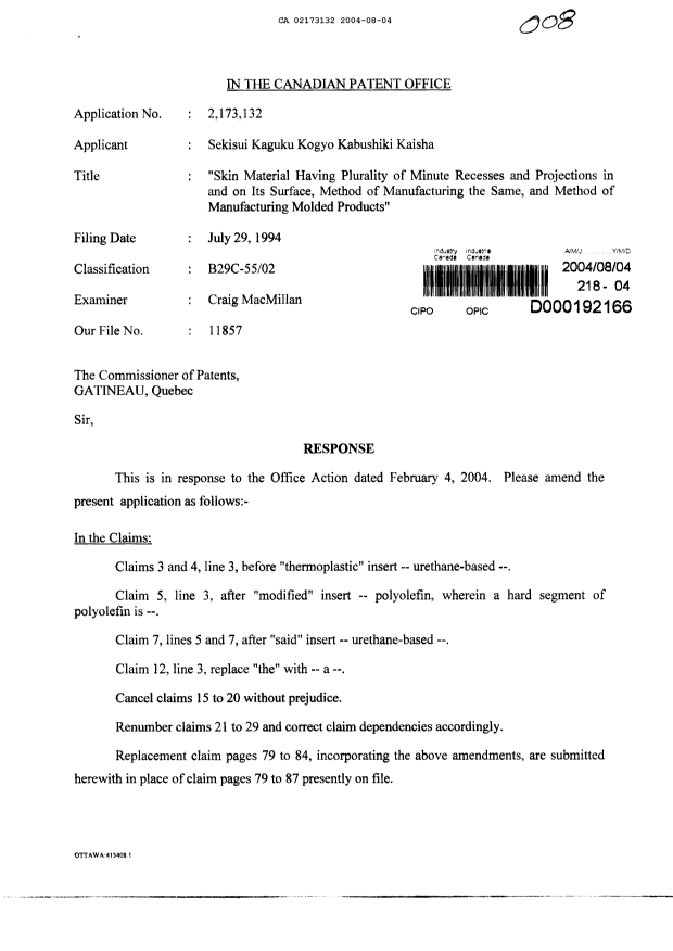 Canadian Patent Document 2173132. Prosecution-Amendment 20040804. Image 1 of 9