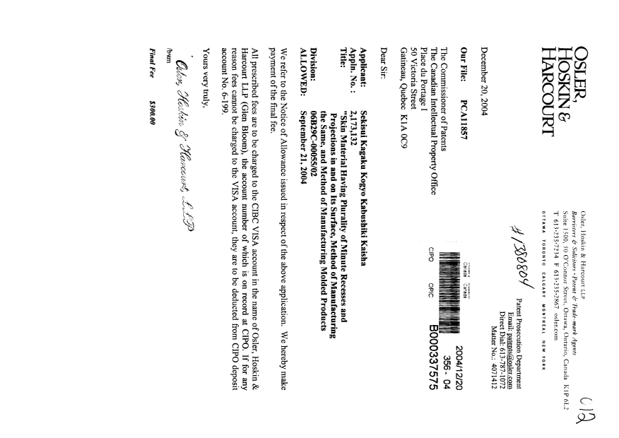 Document de brevet canadien 2173132. Correspondance 20041220. Image 1 de 1