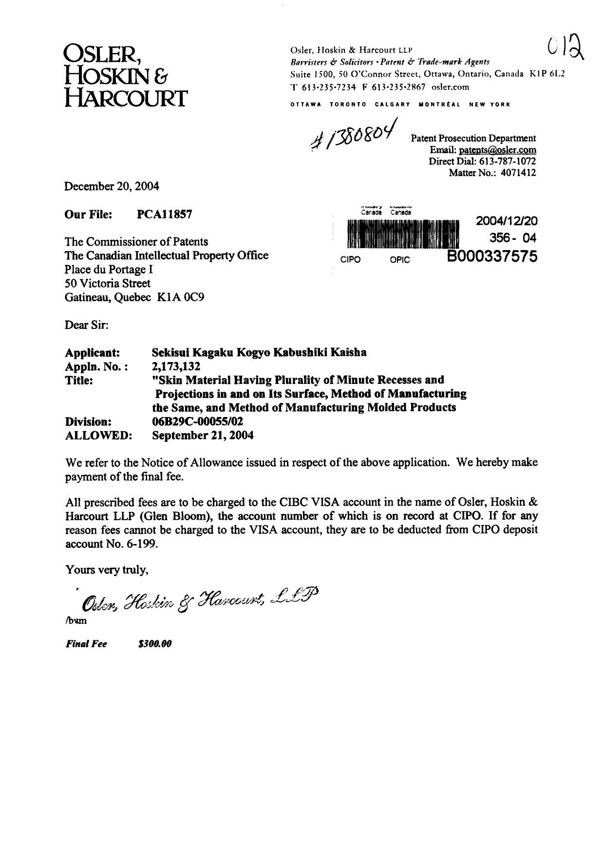 Document de brevet canadien 2173132. Correspondance 20041220. Image 1 de 1