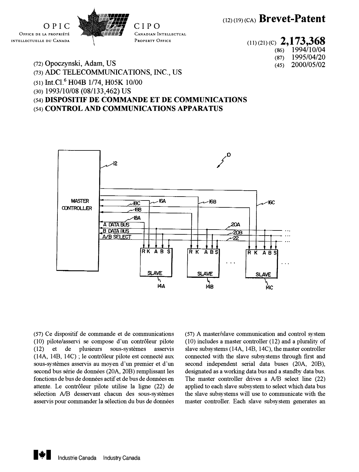 Document de brevet canadien 2173368. Page couverture 20000405. Image 1 de 2