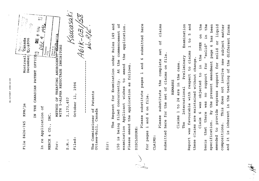 Canadian Patent Document 2173457. Prosecution-Amendment 19951209. Image 1 of 2