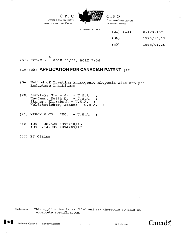 Document de brevet canadien 2173457. Page couverture 19960715. Image 1 de 1