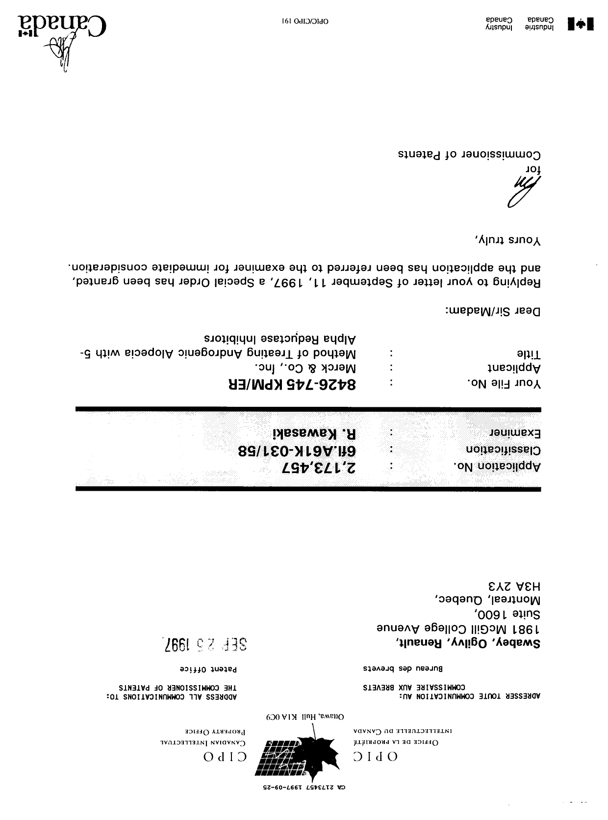 Document de brevet canadien 2173457. Correspondance 19961225. Image 1 de 1