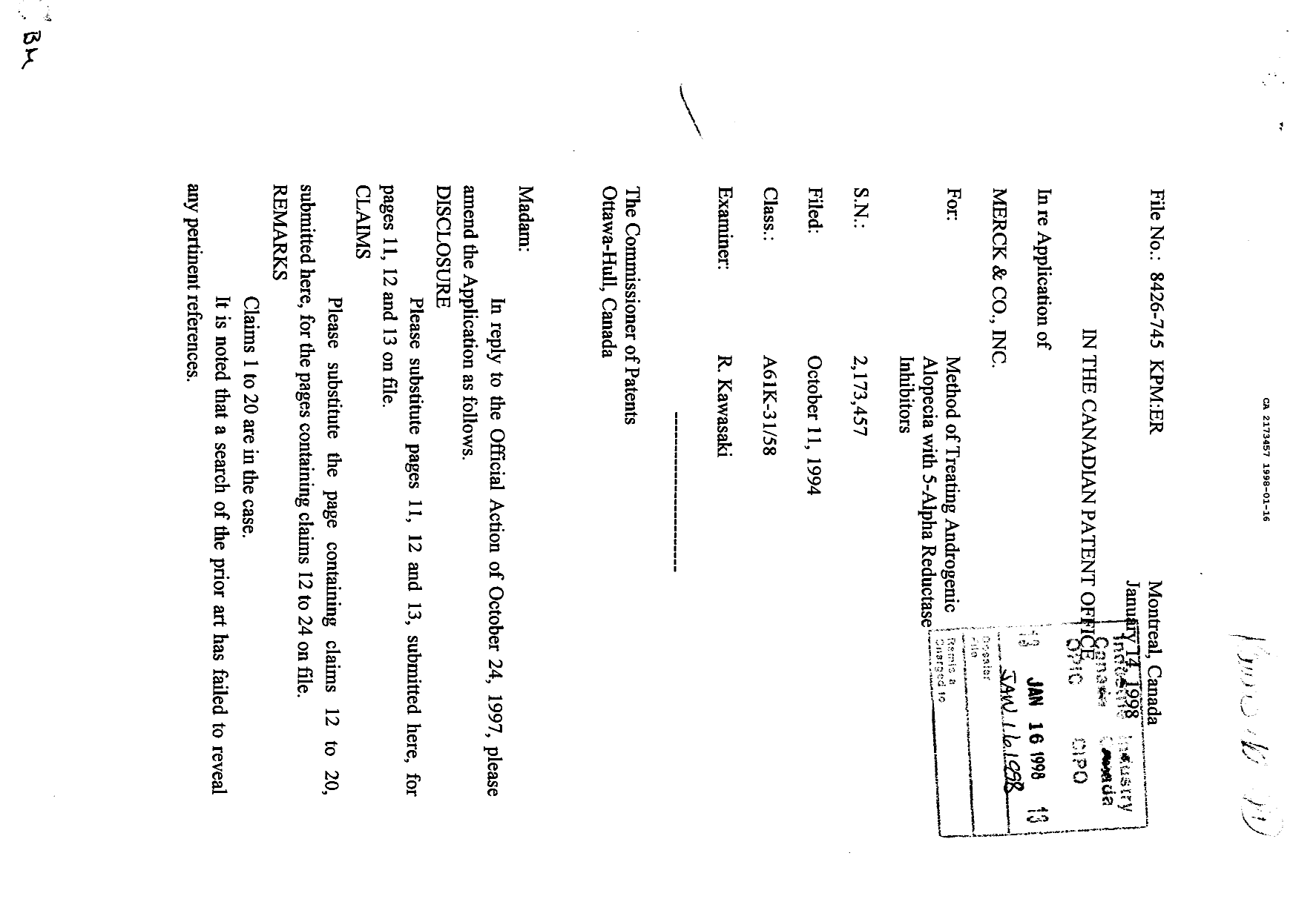 Document de brevet canadien 2173457. Correspondance de la poursuite 19980116. Image 1 de 2