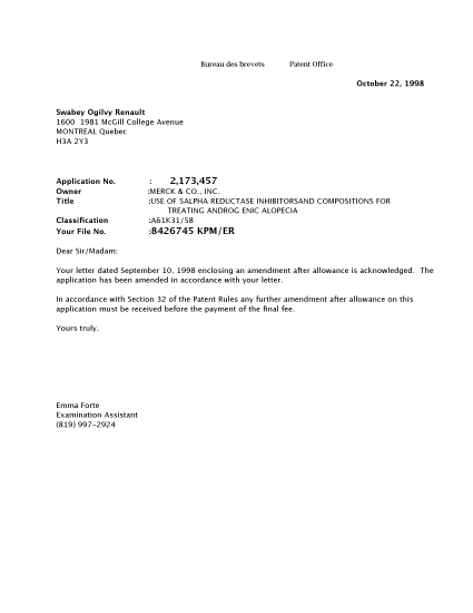Document de brevet canadien 2173457. Poursuite-Amendment 19981022. Image 1 de 1