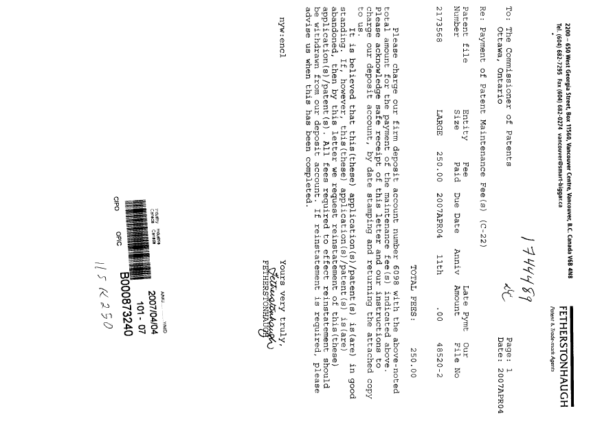 Document de brevet canadien 2173568. Taxes 20070404. Image 1 de 1