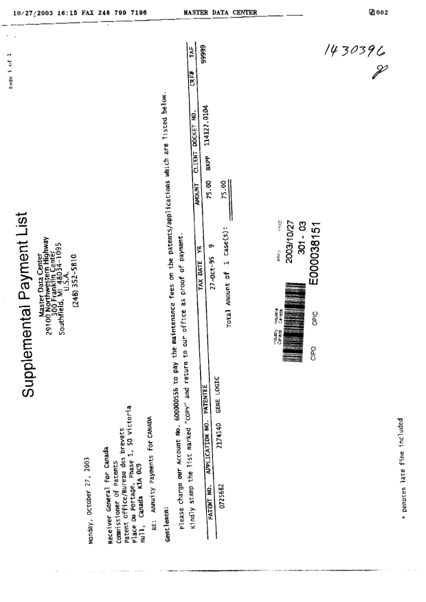 Document de brevet canadien 2174140. Taxes 20031027. Image 2 de 2