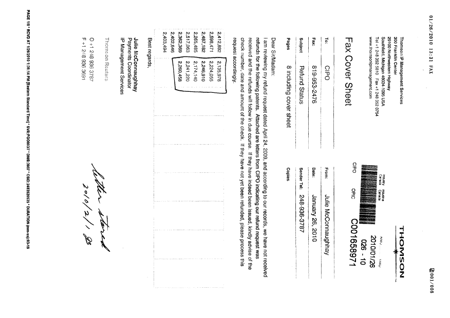 Document de brevet canadien 2174140. Correspondance 20100126. Image 1 de 2