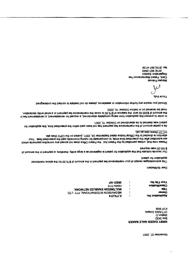 Canadian Patent Document 2174214. Correspondence 20011107. Image 1 of 1
