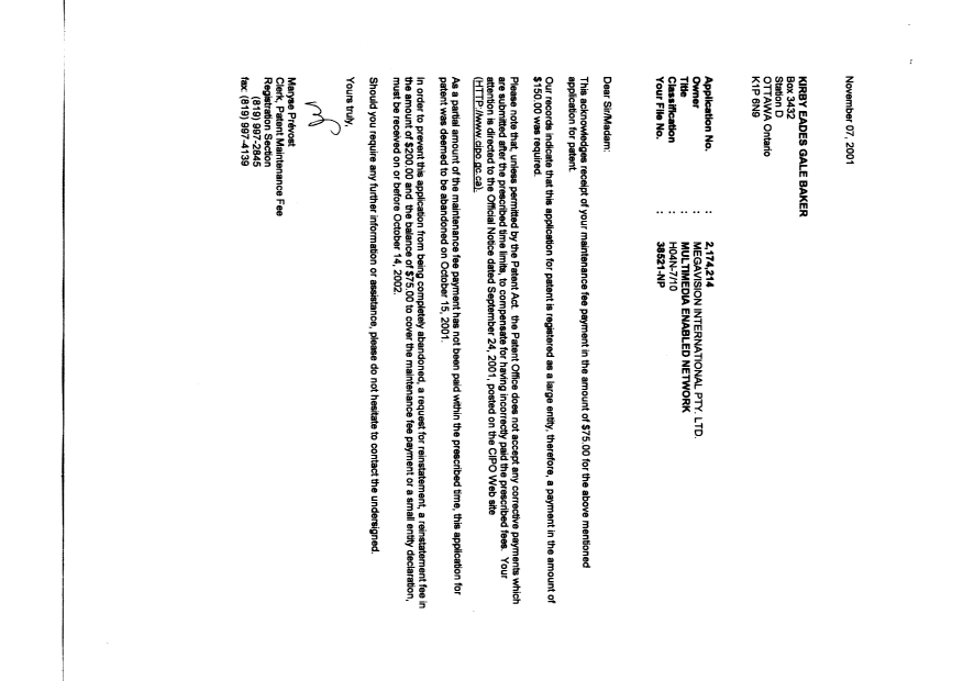 Document de brevet canadien 2174214. Correspondance 20011107. Image 1 de 1