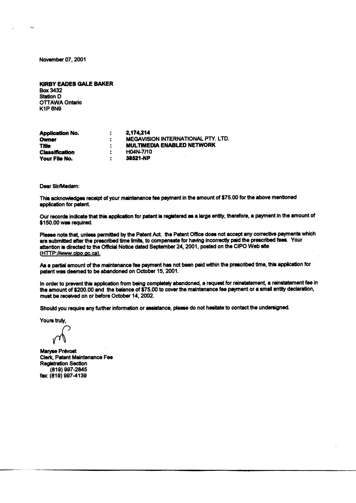 Document de brevet canadien 2174214. Correspondance 20011107. Image 1 de 1
