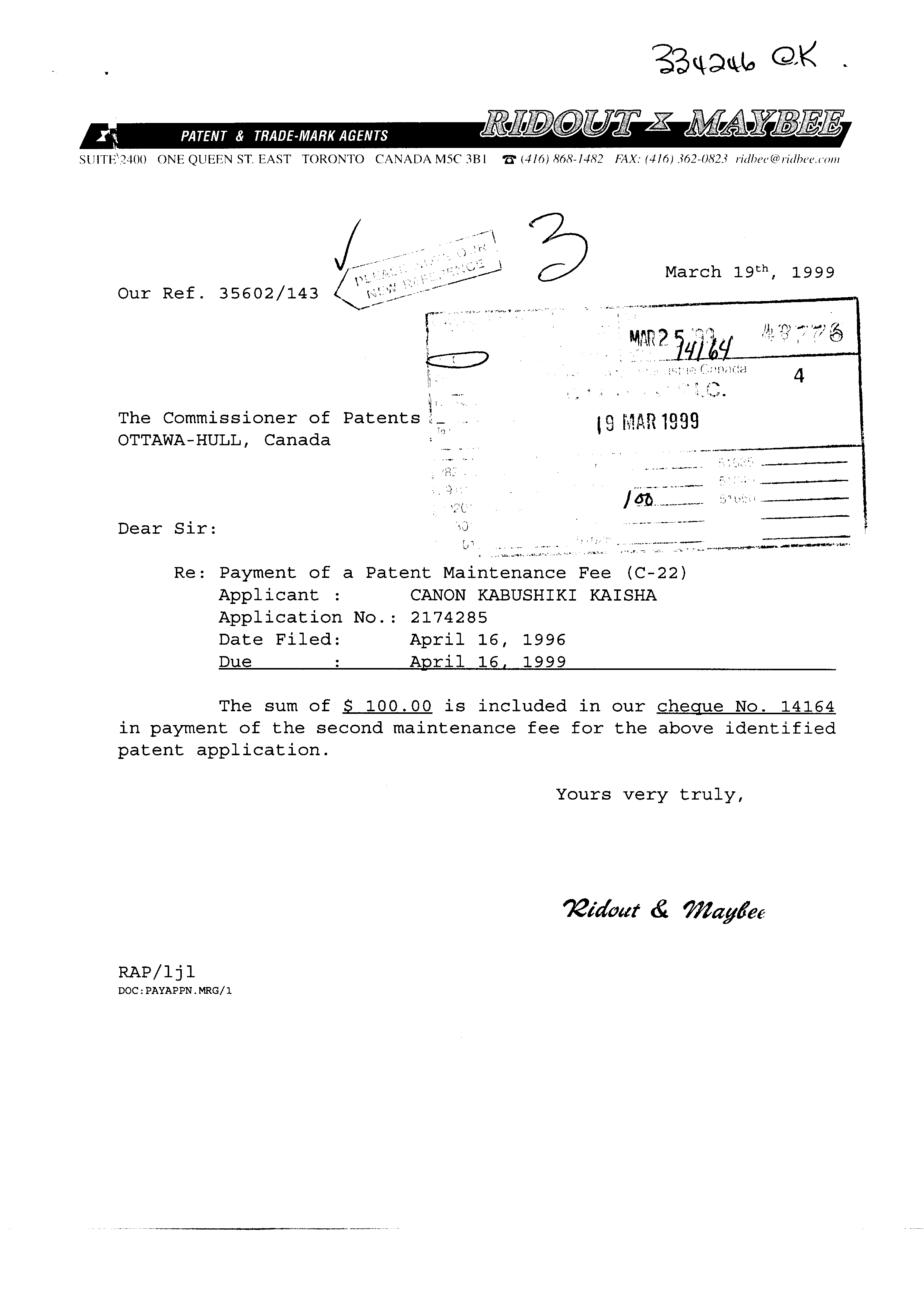 Canadian Patent Document 2174285. Fees 19990319. Image 1 of 1