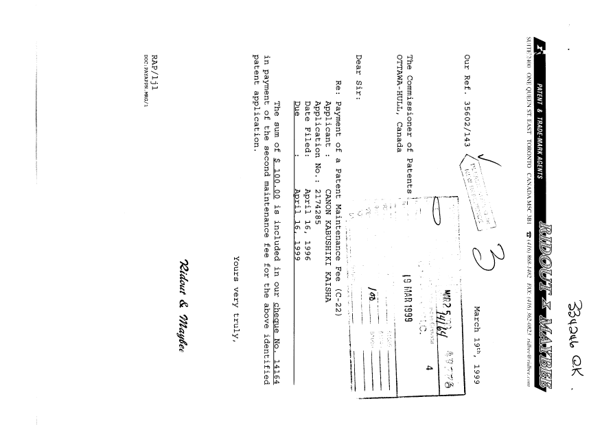 Document de brevet canadien 2174285. Taxes 19990319. Image 1 de 1