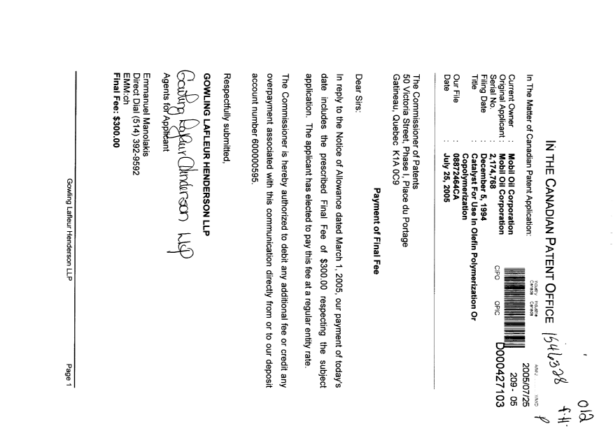 Document de brevet canadien 2174768. Correspondance 20050725. Image 1 de 1