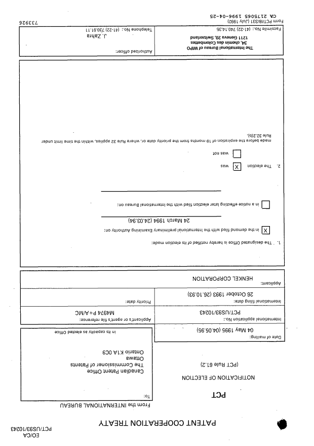 Document de brevet canadien 2175065. Rapport d'examen préliminaire international 19960425. Image 1 de 6