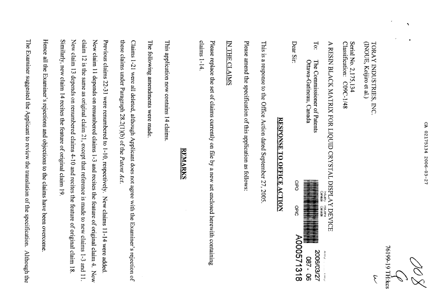 Canadian Patent Document 2175134. Prosecution-Amendment 20060327. Image 1 of 6
