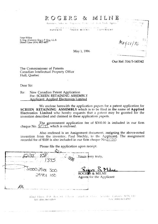 Document de brevet canadien 2175513. Cession 19960501. Image 1 de 6