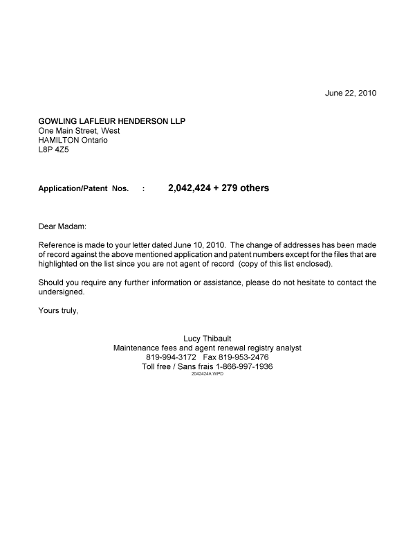 Document de brevet canadien 2175513. Correspondance 20100622. Image 1 de 1