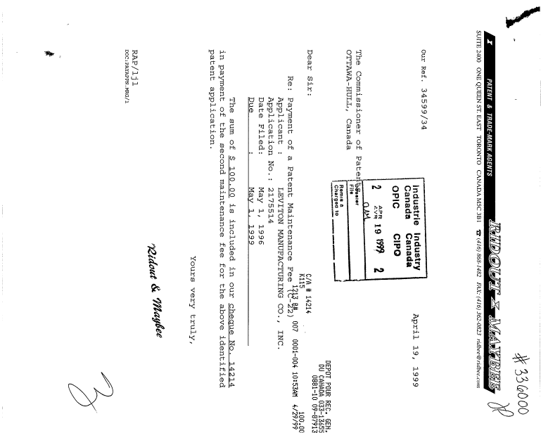 Document de brevet canadien 2175514. Taxes 19990419. Image 1 de 1
