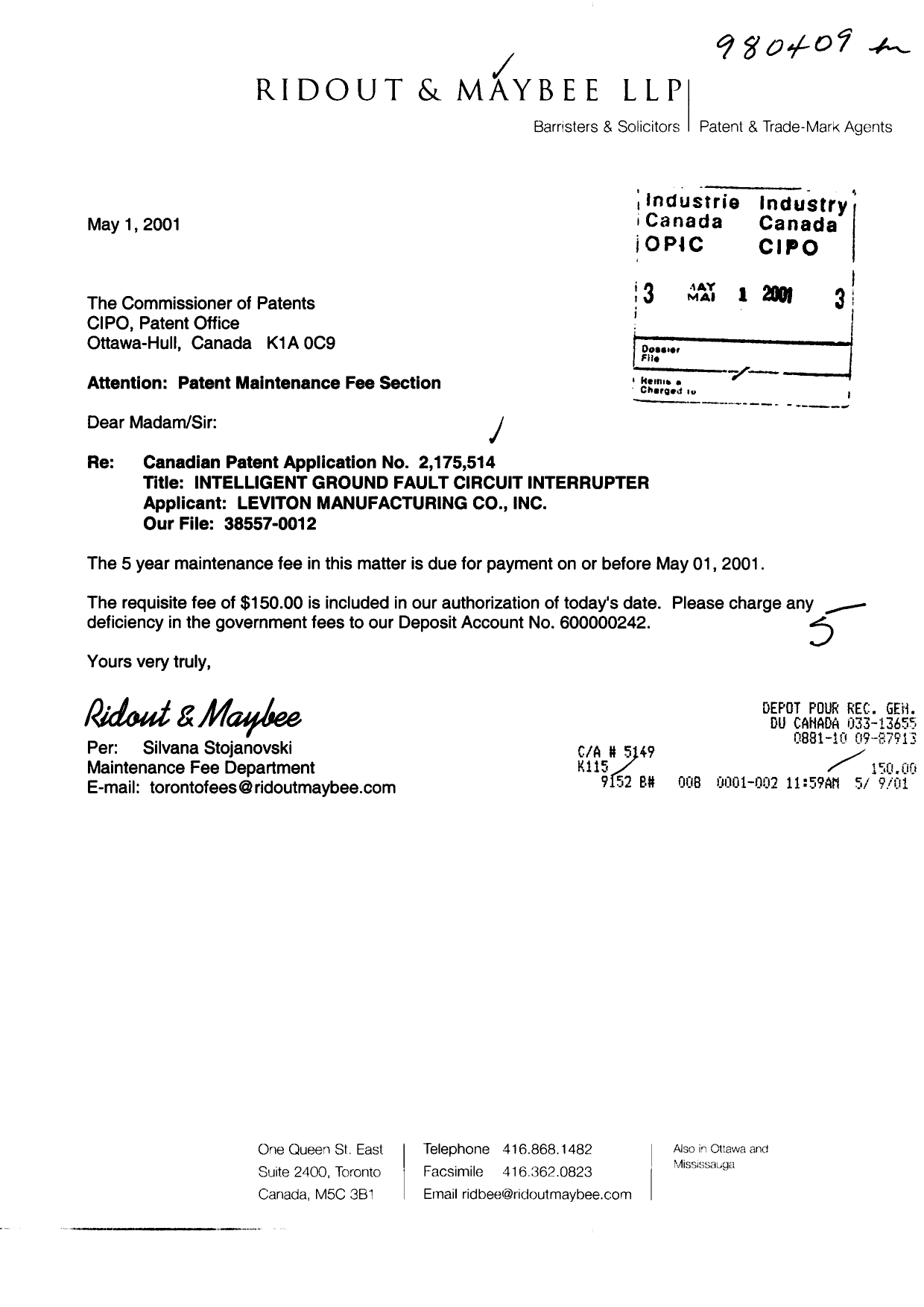 Document de brevet canadien 2175514. Taxes 20010501. Image 1 de 1