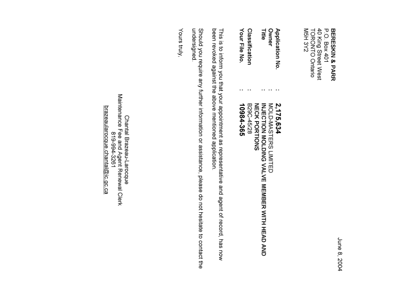 Document de brevet canadien 2175634. Correspondance 20040608. Image 1 de 1