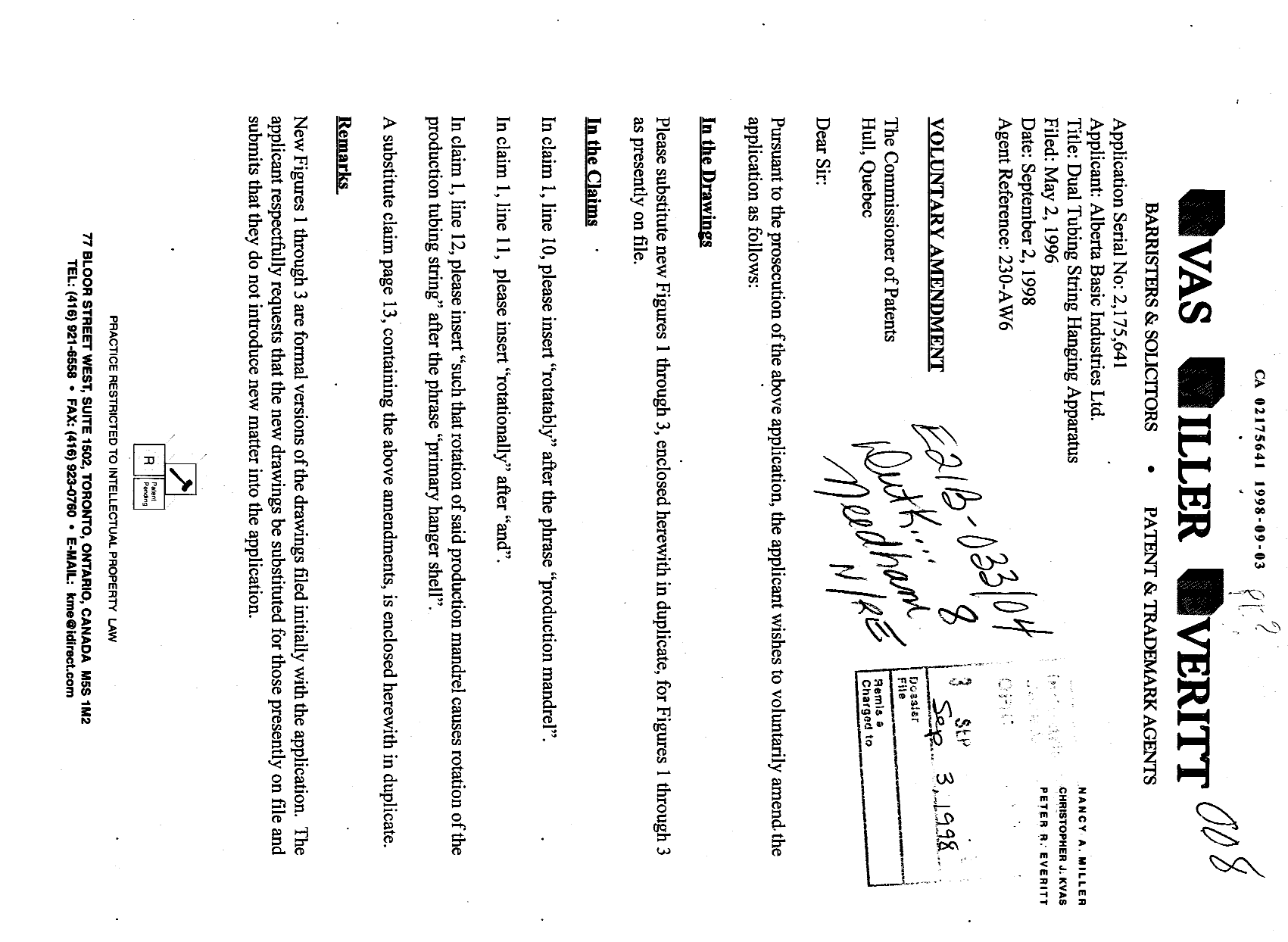 Canadian Patent Document 2175641. Prosecution-Amendment 19980903. Image 1 of 6