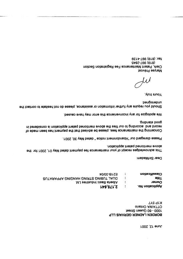 Canadian Patent Document 2175641. Correspondence 20010612. Image 1 of 3