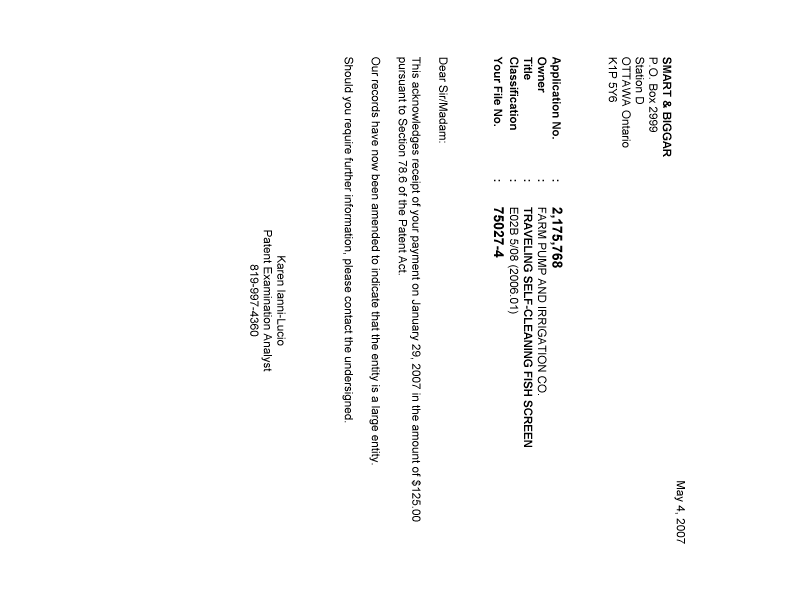 Document de brevet canadien 2175768. Correspondance 20070504. Image 1 de 1
