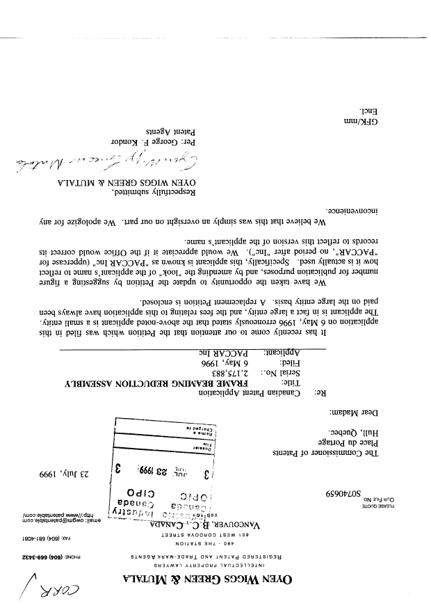 Canadian Patent Document 2175883. Correspondence 19990723. Image 1 of 2