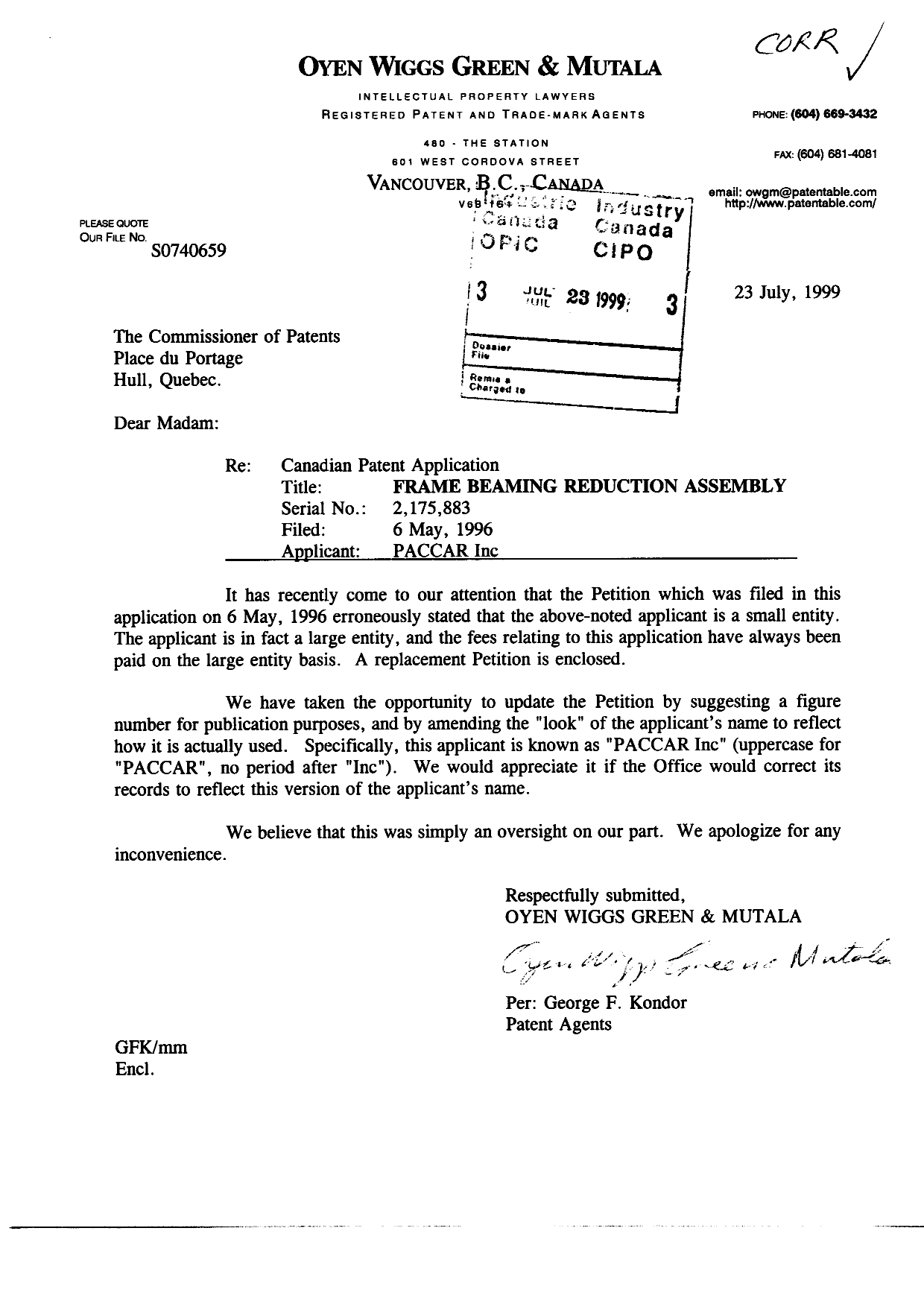 Document de brevet canadien 2175883. Correspondance 19990723. Image 1 de 2