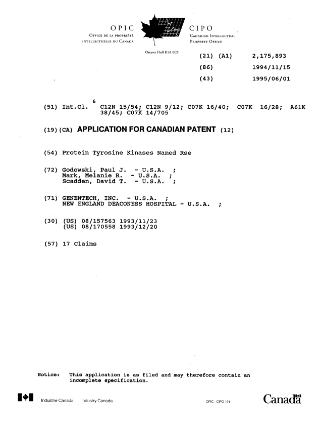 Canadian Patent Document 2175893. Cover Page 19960815. Image 1 of 1