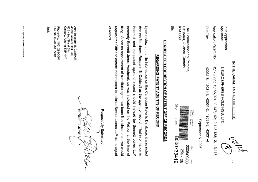 Canadian Patent Document 2175992. Correspondence 20060908. Image 1 of 1