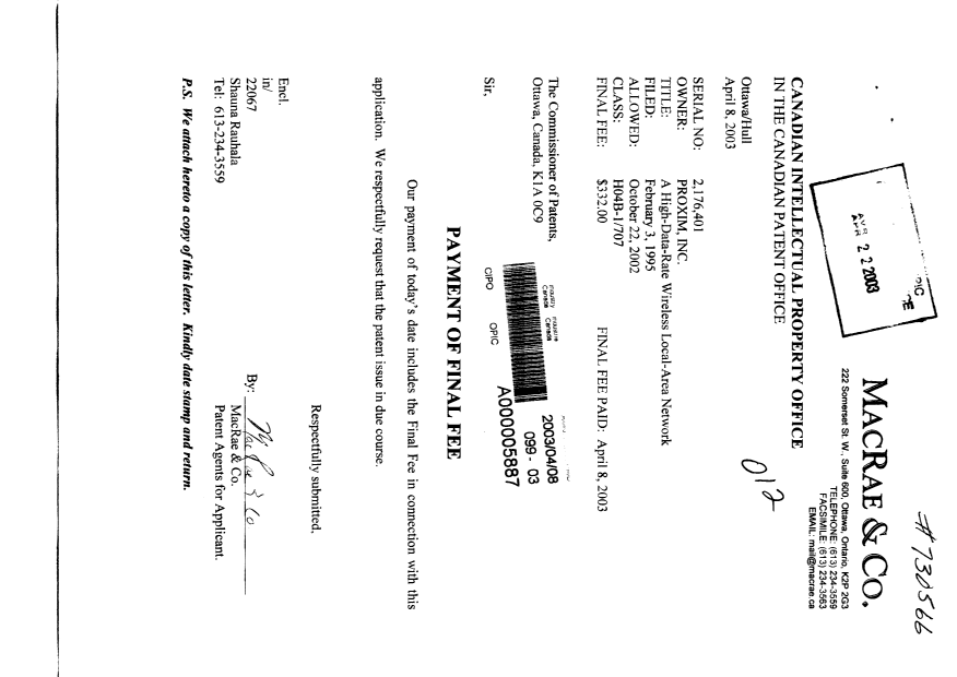 Document de brevet canadien 2176401. Correspondance 20030408. Image 1 de 3