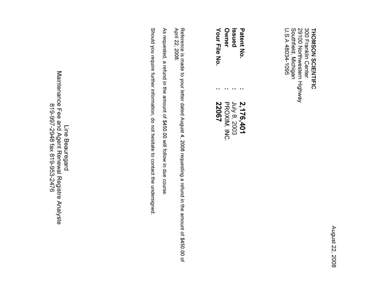 Document de brevet canadien 2176401. Correspondance 20080822. Image 1 de 1