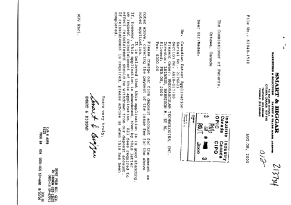 Canadian Patent Document 2176621. Correspondence 20000808. Image 1 of 1