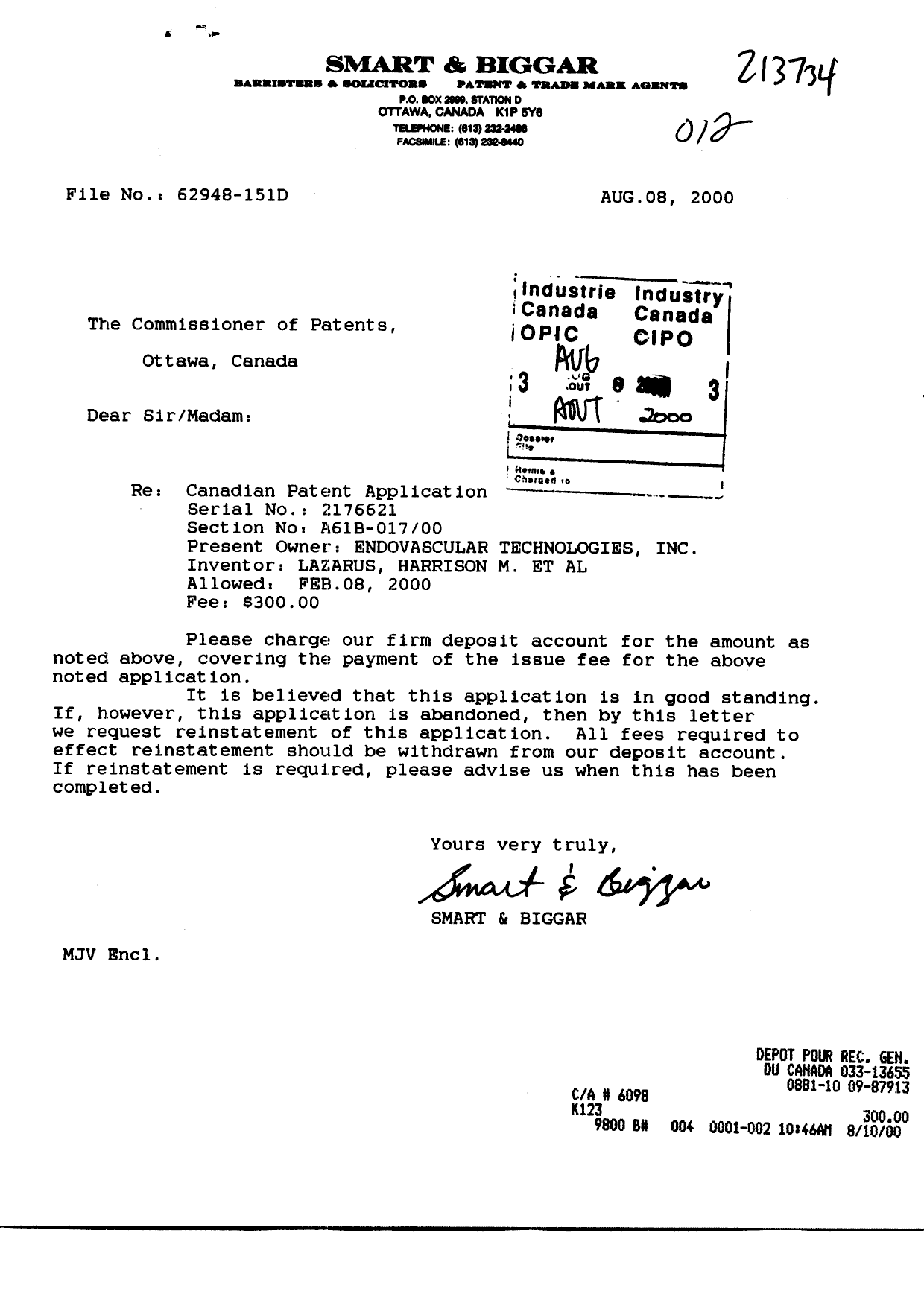 Document de brevet canadien 2176621. Correspondance 20000808. Image 1 de 1