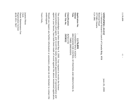 Canadian Patent Document 2176899. Correspondence 19991220. Image 1 of 2