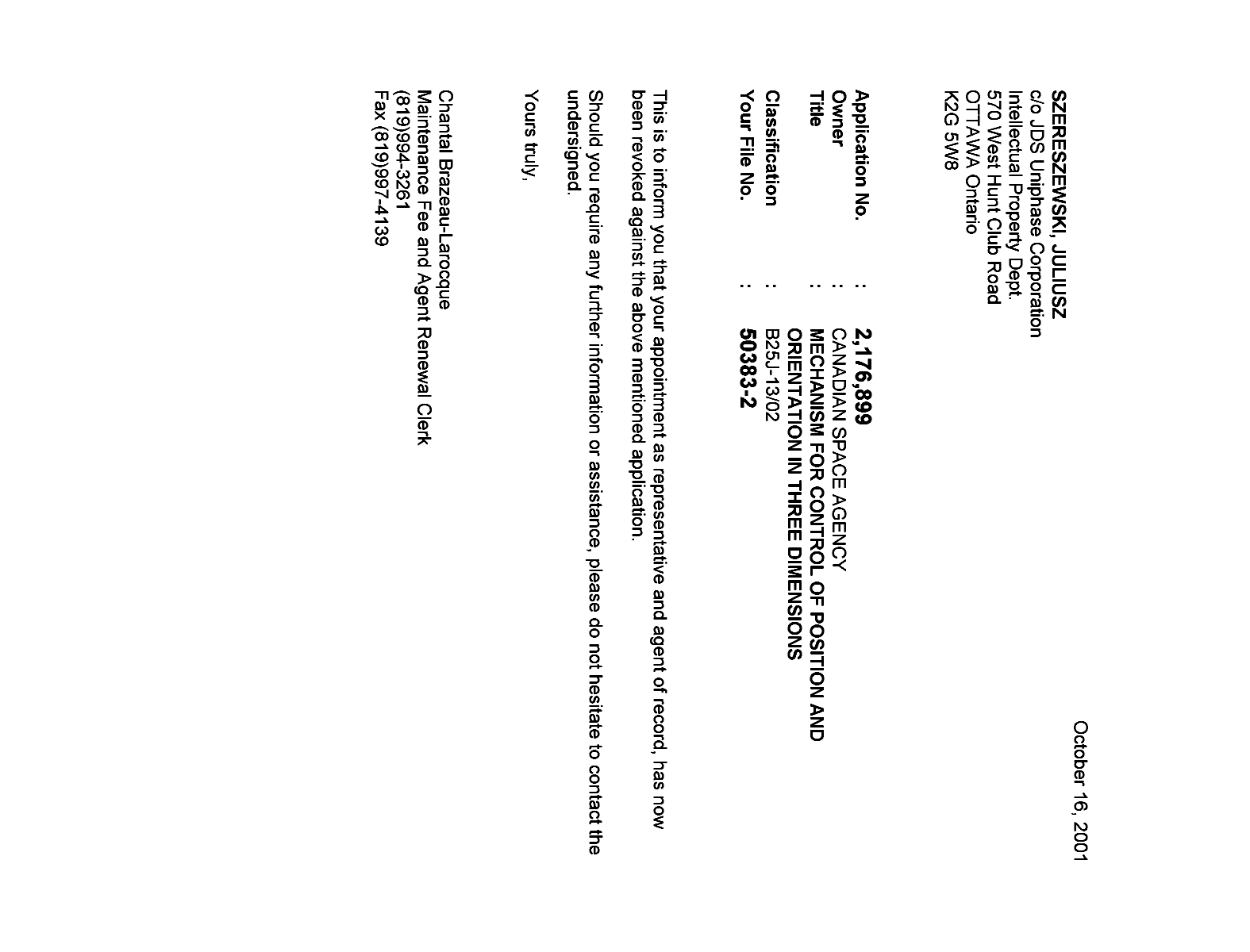 Canadian Patent Document 2176899. Correspondence 20011016. Image 1 of 1