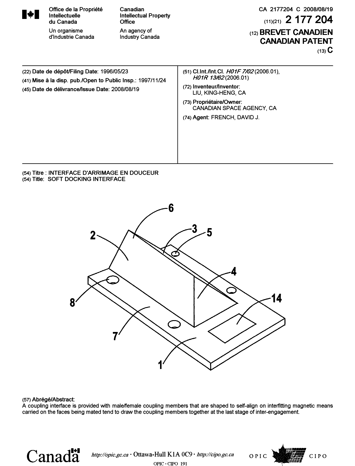 Canadian Patent Document 2177204. Cover Page 20071231. Image 1 of 1